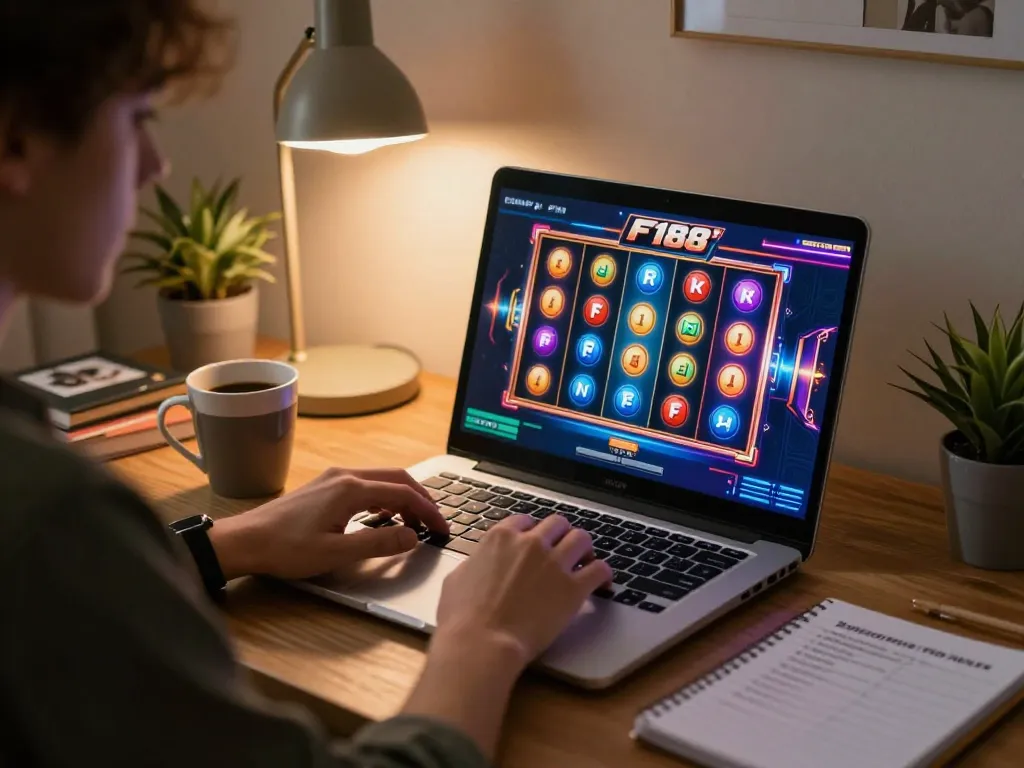 Person enjoying online slots on F168 platform at home, showcasing a cozy gaming setup