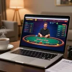 DOLA789 user enjoying a live blackjack game online from home, showcasing casino excitement.