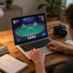 jun88 user engaging in live dealer blackjack on a laptop in a cozy home setting