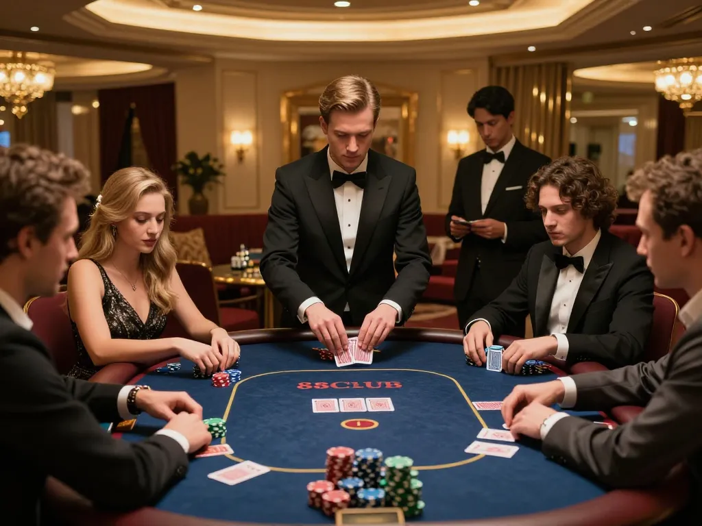 Players engaged in an intense poker game at 88CLUB, showcasing high-stakes action.