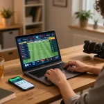 Engaging in o8 trading through a laptop at home, illustrating strategic online sports betting.