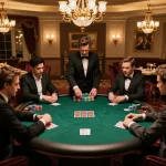 Players engaged in a strategic poker game in an upscale setting with NOWGOAL enhancing the experience.