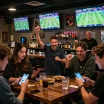 Engaged gamblers using LV88 com for sports betting action in a lively bar setting.