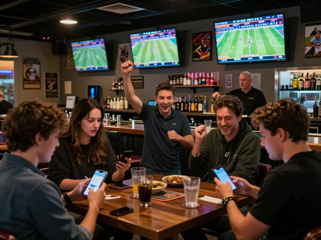 Engaged gamblers using LV88 com for sports betting action in a lively bar setting.
