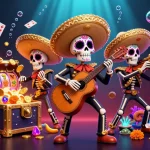 Spin the reels of 79king with colorful sugar skull mariachi, jackpot coins, and playing cards in a vibrant casino scene.