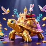 Bet on FABET as the 3D cartoon scene showcases a golden tortoise casino with lively gaming elements.
