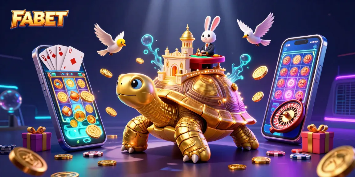 Bet on FABET as the 3D cartoon scene showcases a golden tortoise casino with lively gaming elements.