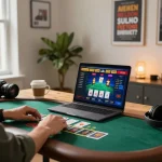 Player enjoying sunwin online blackjack in a modern home office setup, showcasing strategic gameplay.