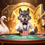 Place your bets at 77GG with this glamorous casino scene featuring a debonair wolf and elegant swan.