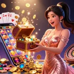 Experience the excitement of SC88 with an illustrated treasure chest overflowing with riches, alongside vibrant slot elements.