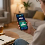 I9BET user immersed in online gaming, showcasing engaging live dealer blackjack experience in a cozy home.