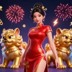 Experience vibrant casino excitement with FB88bet's glamorous Asian woman and cartoon guardians, celebrating wins.