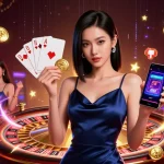 Engage with 69VN's immersive casino experience featuring a confident player and vibrant gaming elements.