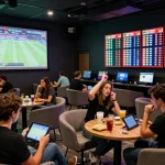 SBOBET users actively placing bets in a vibrant sports lounge during live games