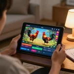 Experience đá gà trực tiếp by betting online from a cozy home setup with colorful betting interface displayed.