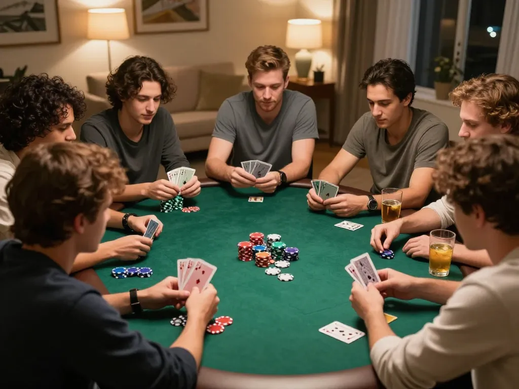 Exciting home poker game with friends featuring fabet strategies and colorful chips.