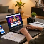 Player engaging with GK88 online casino interface on laptop showcasing poker and slot games