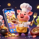 Engage with website 88m through a vibrant casino-themed illustration featuring whimsical characters and slot games.