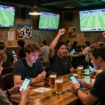 Fans eagerly placing bets on their smartphones while watching live football at Bongdalu sports bar.