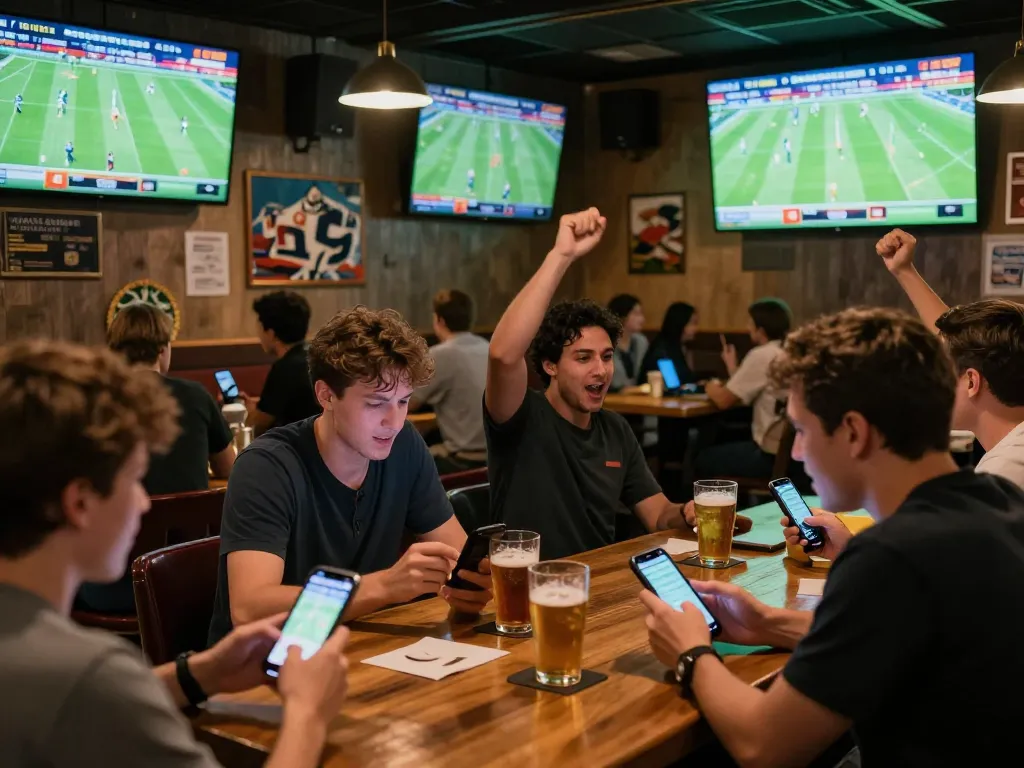 Fans eagerly placing bets on their smartphones while watching live football at Bongdalu sports bar.