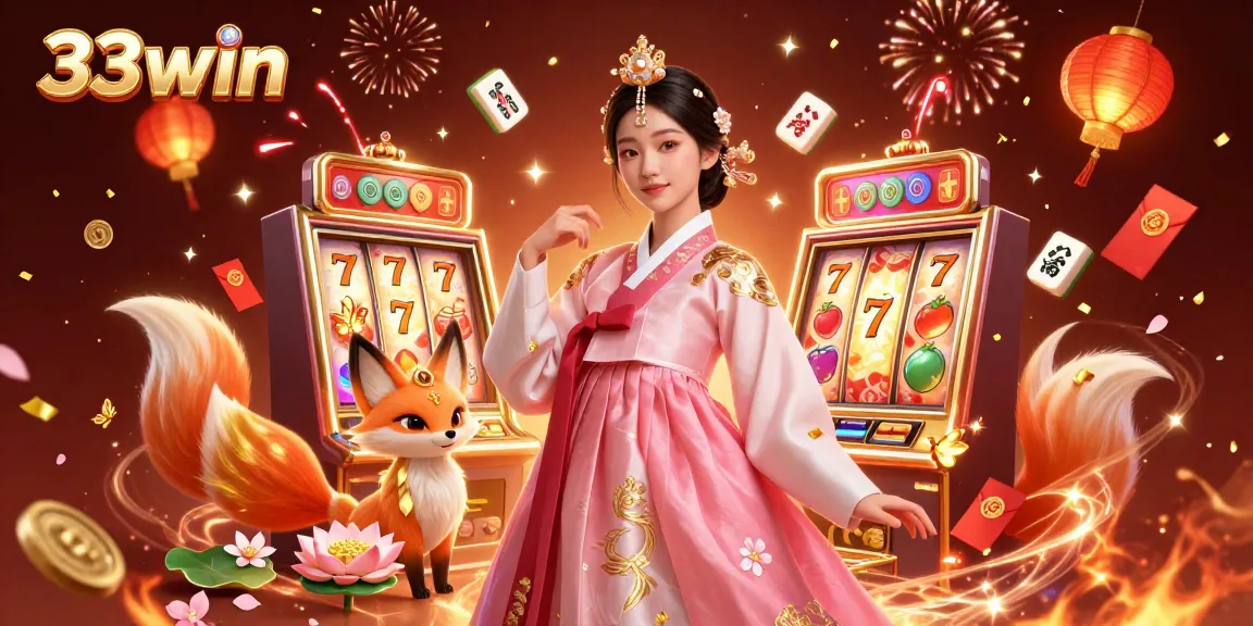 Experience the thrill of 33win with vibrant slot machines, joyous characters, and festive decorations.