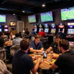 Engaged sports fans analyzing bets and odds at a vibrant sports betting lounge, showcasing the excitement of bongdalu.