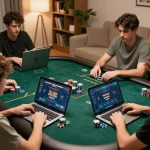 Engaged players participating in a competitive online poker game on laptops showcasing ga8888's unique gaming atmosphere.