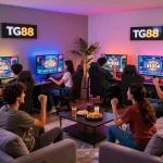 TG88 gaming night with friends at home, vibrant atmosphere and excitement.