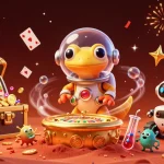 A plataforma Akak apresenta uma cena vibrante com um gecko espacial em um cassino, repleto de slots e jogos de mesa.