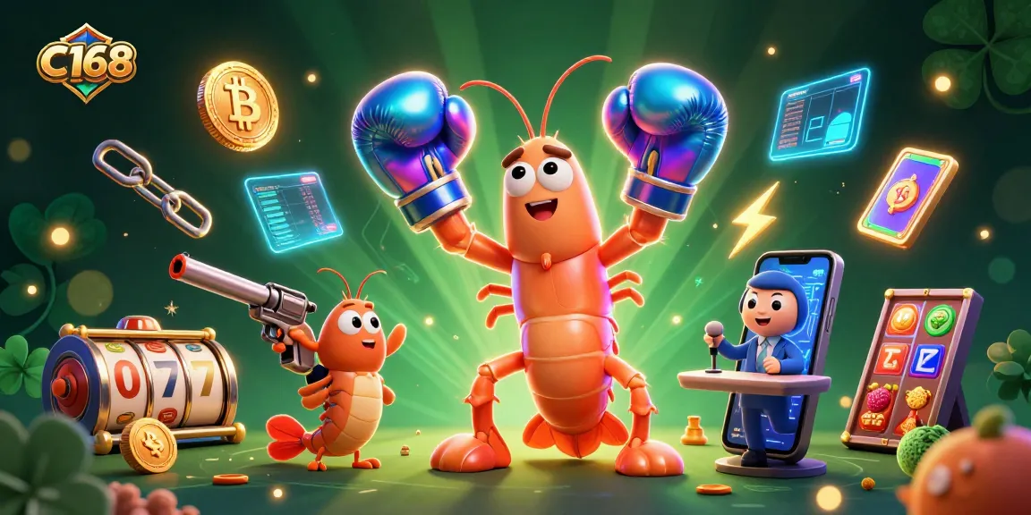 C168 showcases a vibrant casino scene with animated characters, slot machines, and cryptocurrency elements enriching the atmosphere.