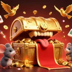 Experience the excitement with vn168 as adventurer mice approach a golden treasure chest in a vibrant casino scene.