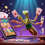 Experience thrilling gameplay with KJC's giant praying mantis dealer in an enchanting casino scene.