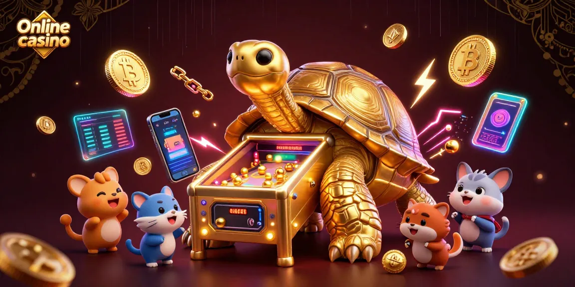 Play thrilling games at an Online casino with cute animated characters and glowing crypto elements.