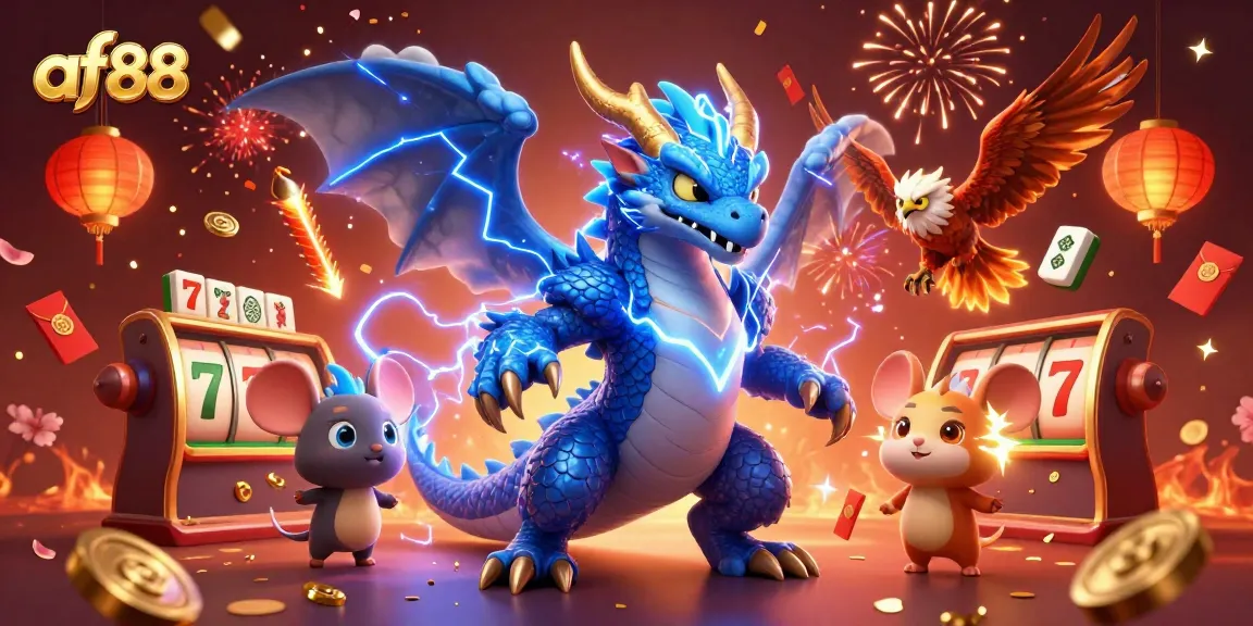 Engage with af88 at a vibrant casino, featuring electric dragon and lucky symbols representing exciting gaming opportunities.