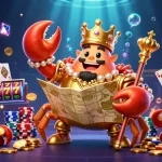 Guci777 menampilkan ilustrasi kasino 3D dengan kepiting emas dan simbol slot, penuh harta karun.