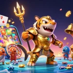 LU88 engages players in a vibrant slot game scene featuring a golden gladiator shark