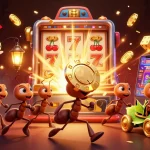 Experience Sunwin's vibrant 3D gaming adventure with ants carrying a giant poker chip amidst casino chaos.
