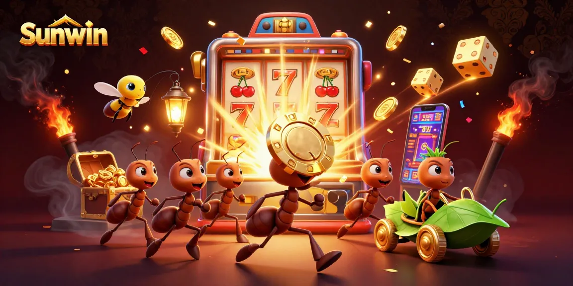 Experience Sunwin's vibrant 3D gaming adventure with ants carrying a giant poker chip amidst casino chaos.