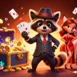 Experience the thrill of gaming at zowin with a charming raccoon, fox lady, and bouncer in an engaging casino scene.