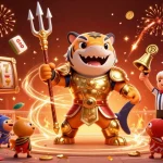 Nohu90 slots scene with a tiger shark hero, jackpot elements and vibrant colors in a dynamic underwater setting.