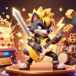 Engage with Chính Sách Bảo Mật as a cartoon wolf rock star electrifies a casino stage with a jackpot burst of coins.
