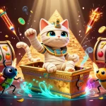 Win big with f168 in a vibrant 3D casino scene featuring a mummy cat and vibrant slot reels!