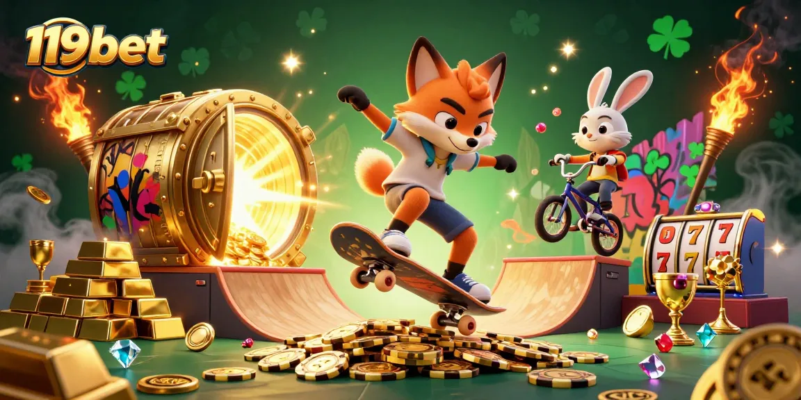 Experience the thrill of gaming with 119bet's vibrant casino-themed 3D illustration.