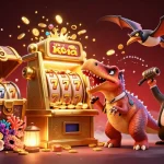 Engage with kèo nhà cái while a dinosaur wins jackpots amid waves of golden coins.