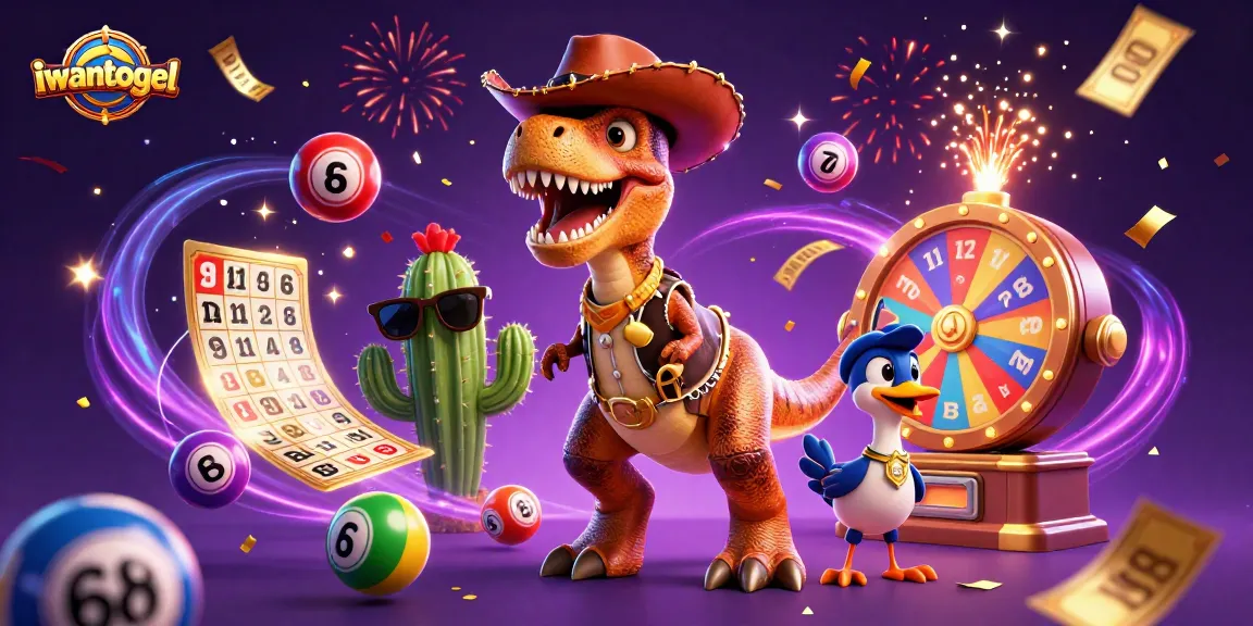 Win big with iwantogel as a T-Rex cowboy and friends celebrate lottery fun!