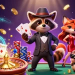 Tài Xỉu MD5 features a suave raccoon and companions celebrating wins with vibrant casino elements.
