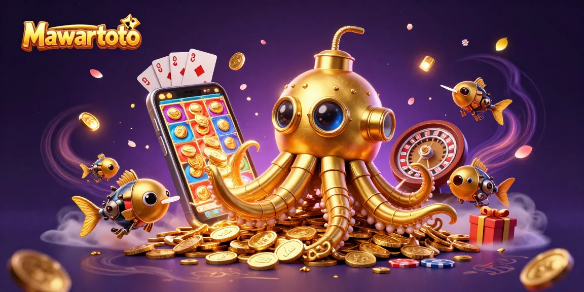 Mawartoto showcases an exhilarating golden kraken submarine emerging from coins, surrounded by vibrant gaming elements.