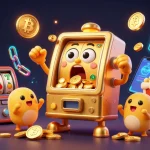 8XBET slot machine hits the jackpot, surrounded by coins, cheering baby slots, and neon crypto coins