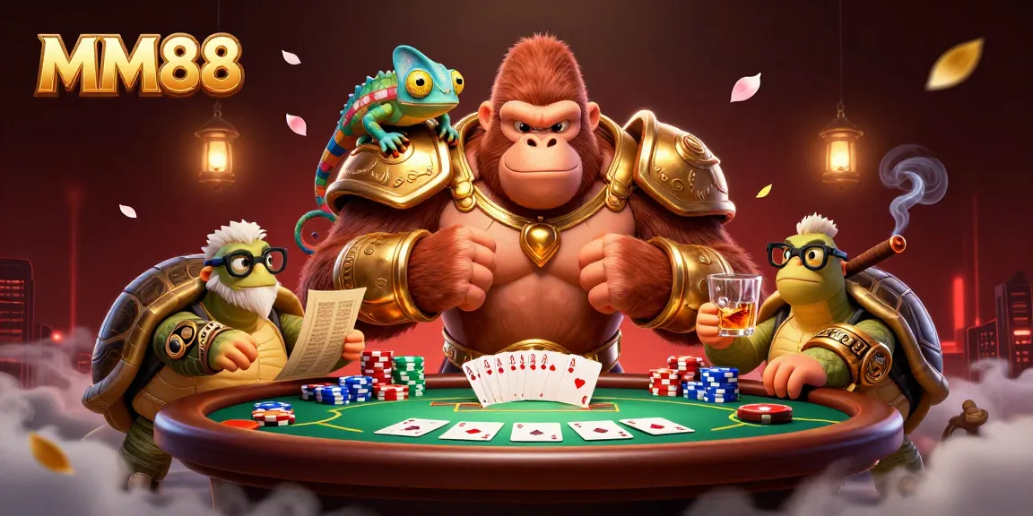 MM88 showcases a powerful gorilla king and his companions at a vibrant poker table, enhancing your gaming experience.