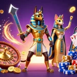 Kèo Bóng Đá scene showcasing dynamic sports betting elements with Anubis and Bastet amidst golden coins.
